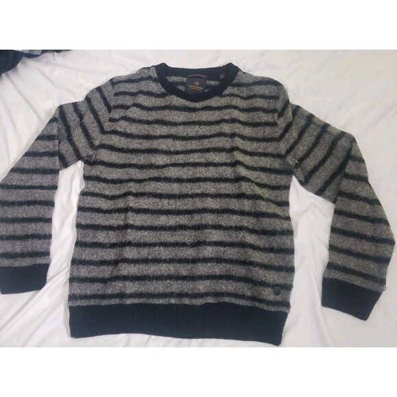 Scotch & Soda True Gentleman Sweater Mens 2XL Black Grey Striped Fuzzy Crewneck - Picture 1 of 12